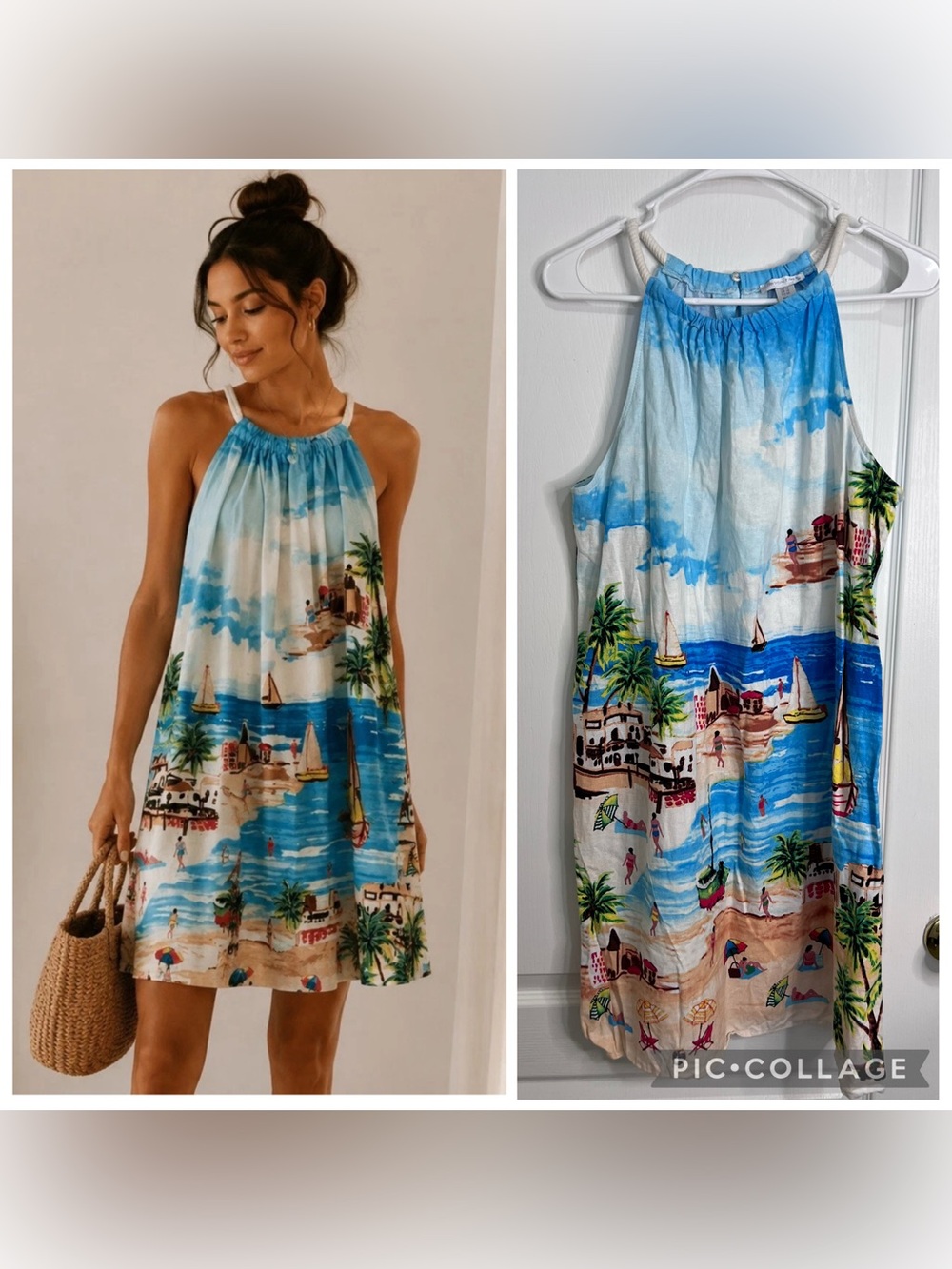 London Times Avelle Linen Blend Halter
Dress Scenic Beach Print Size 14